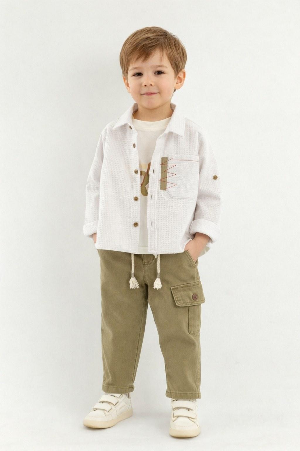 Erkek Çocuk 2-5 Yaş Beyaz Gömlekli Haki Kargo Pantolon Takım