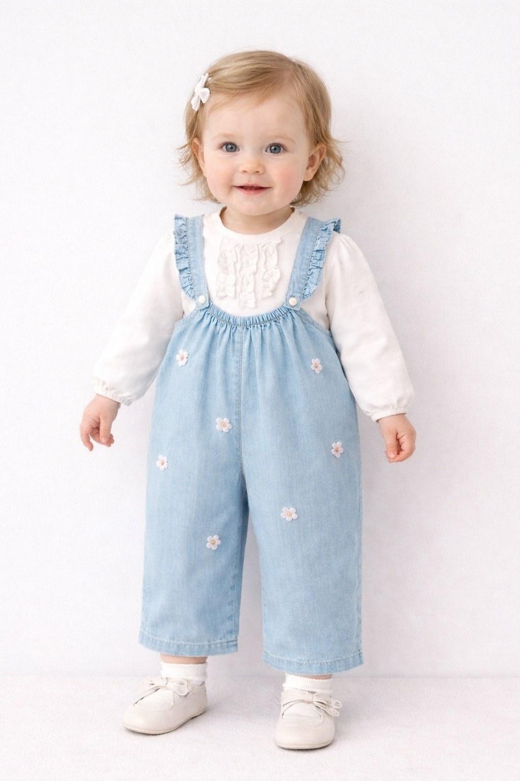 Kız Bebek 9-24 Ay Çiçek İşlemeli Kot Salopet Takım