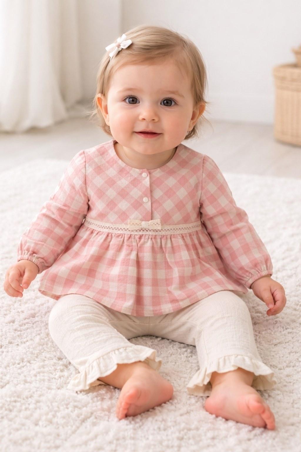 Pembe Ekose Dantel Detaylı Kız Bebek 2’li Takım (Bluz + Pantolon)