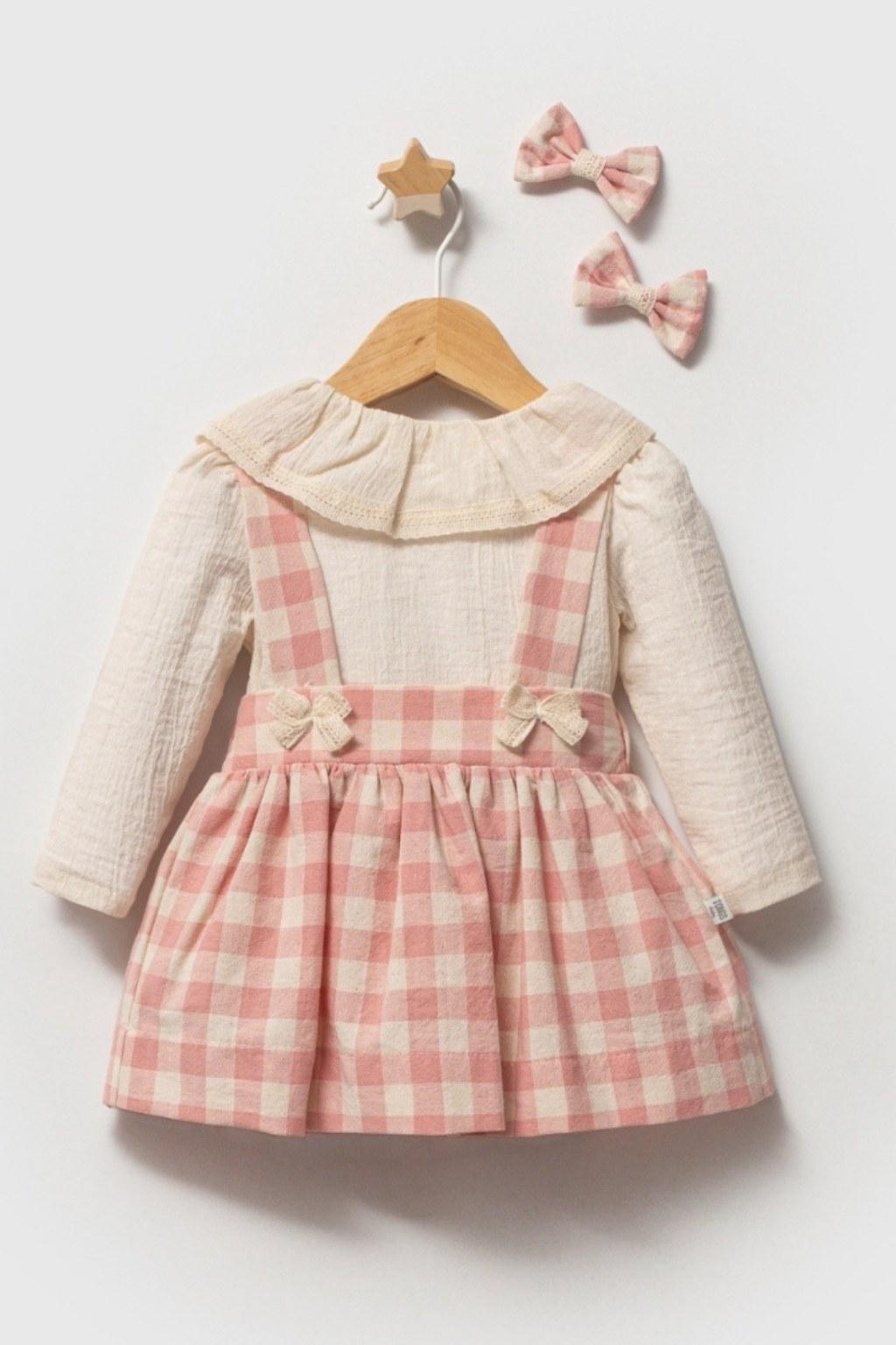 Kız Bebek 6-36 Ay Pembe Ekoseli Askılı Elbise & Bluz Takım