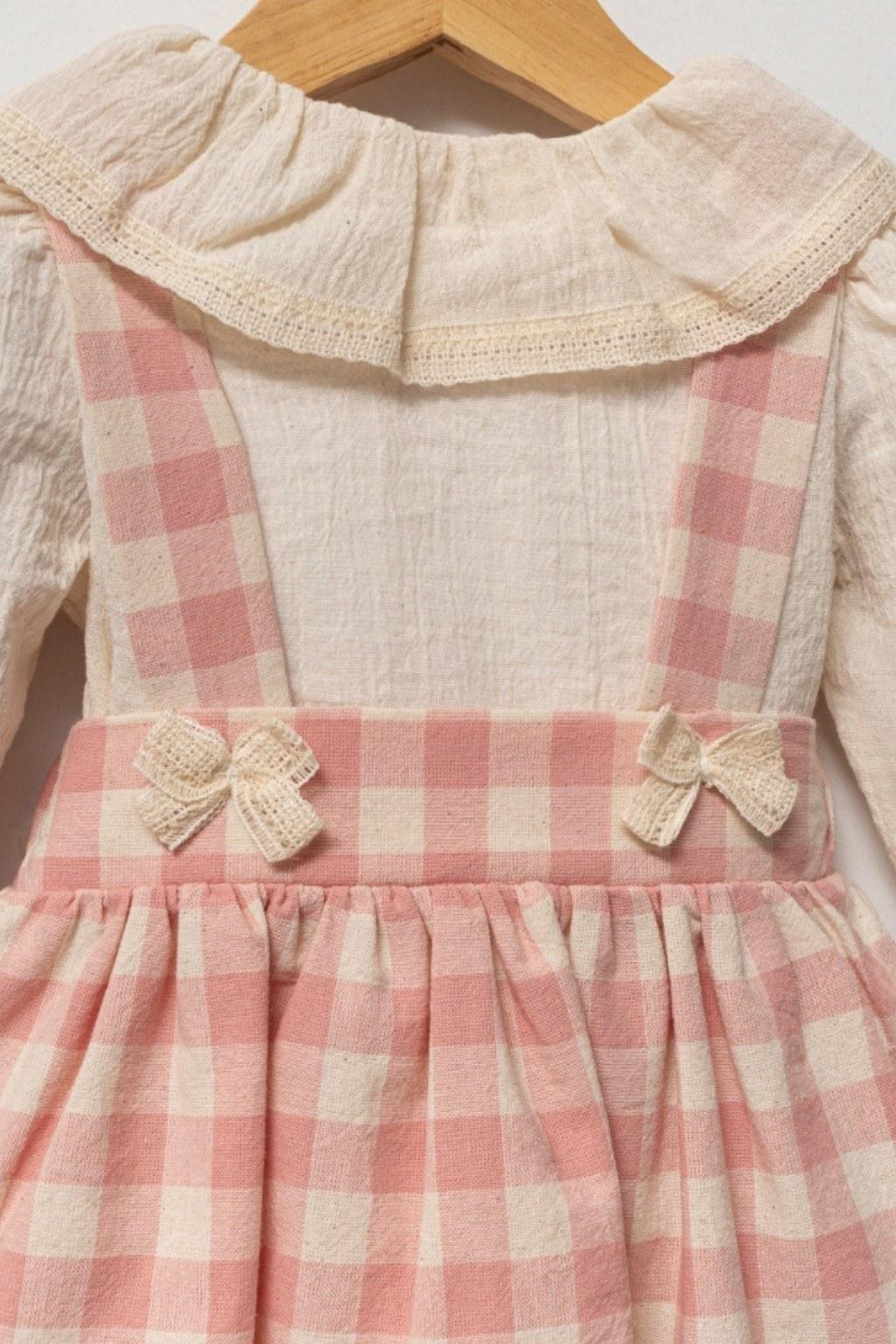 Kız Bebek 6-36 Ay Pembe Ekoseli Askılı Elbise & Bluz Takım