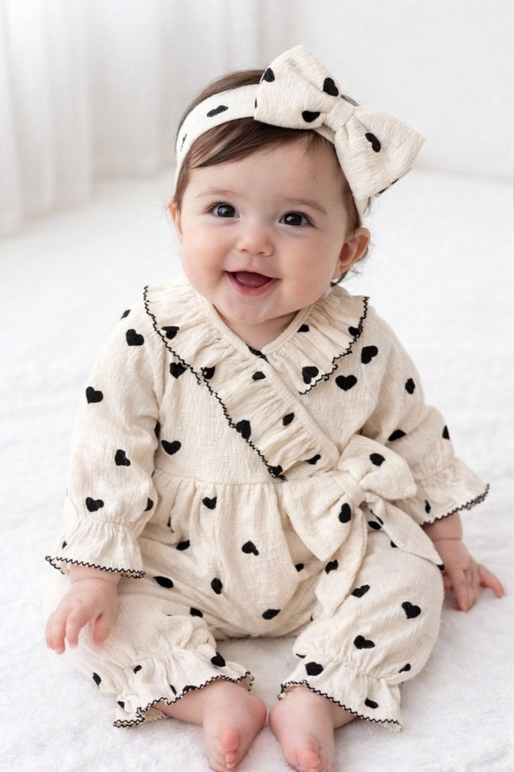 Kalp Desenli Fırfır Yaka Kız Bebek Tulum & Saç Bandı Seti (0-9 Ay)