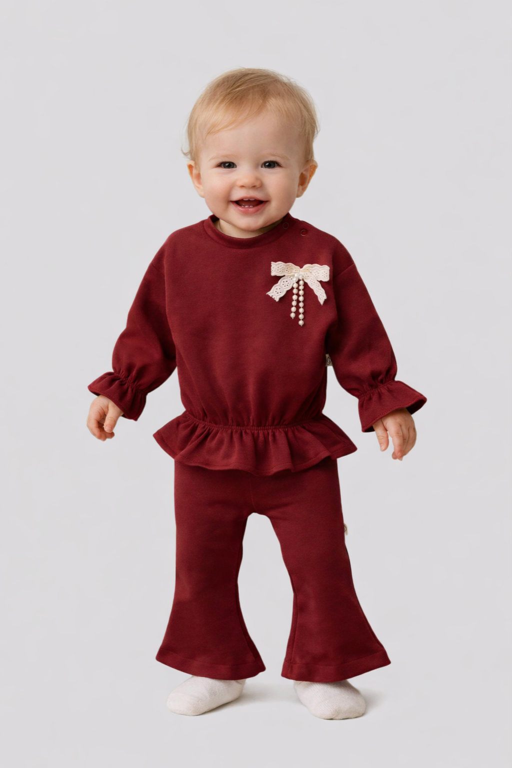 Bordo Fiyonk Detaylı Kız Bebek Takım (3-18 Ay) | Şık ve Rahat 2’li Set