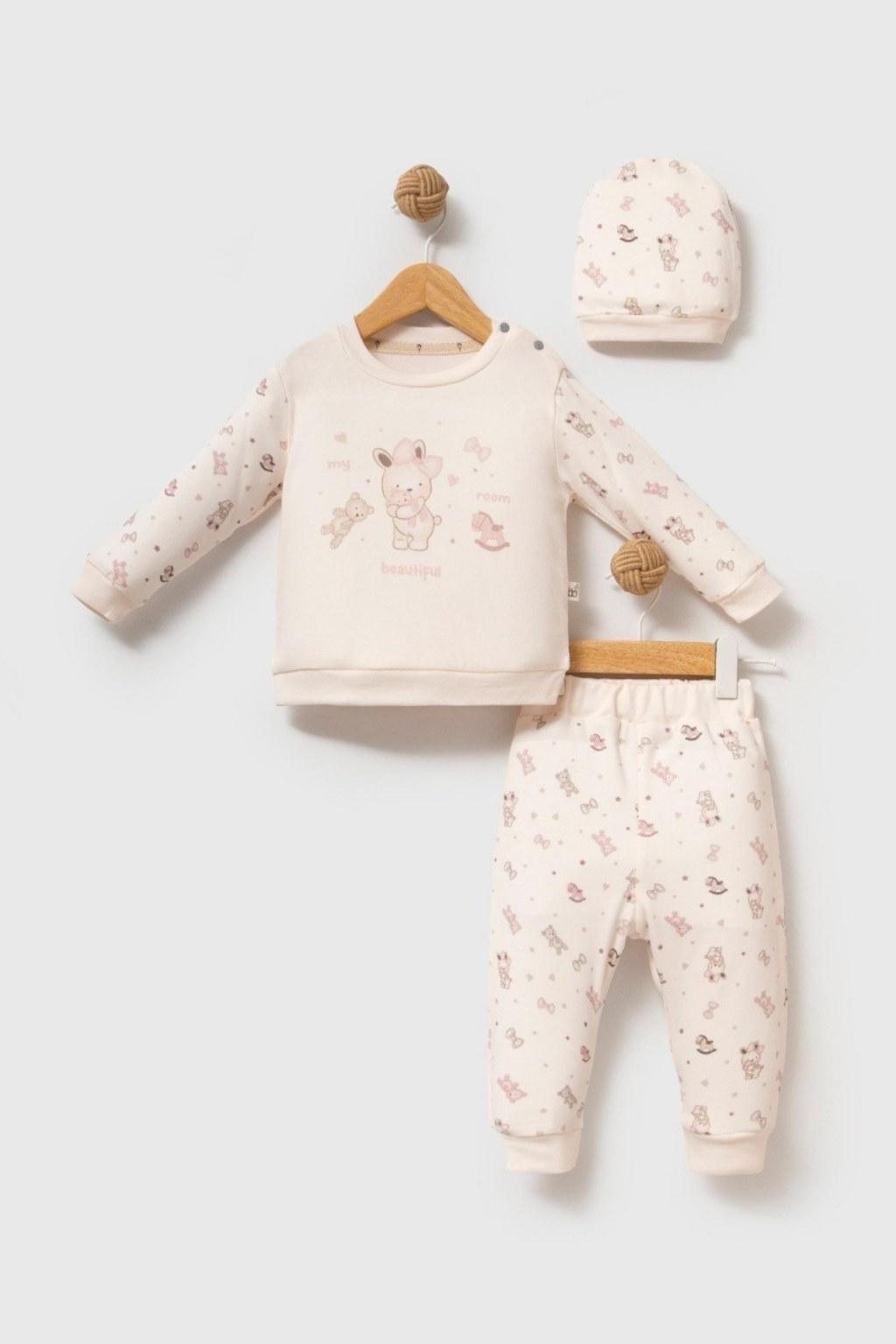 Krem Pembe Tavşan Baskılı 3’lü Bebek Takımı | 3-18 Ay