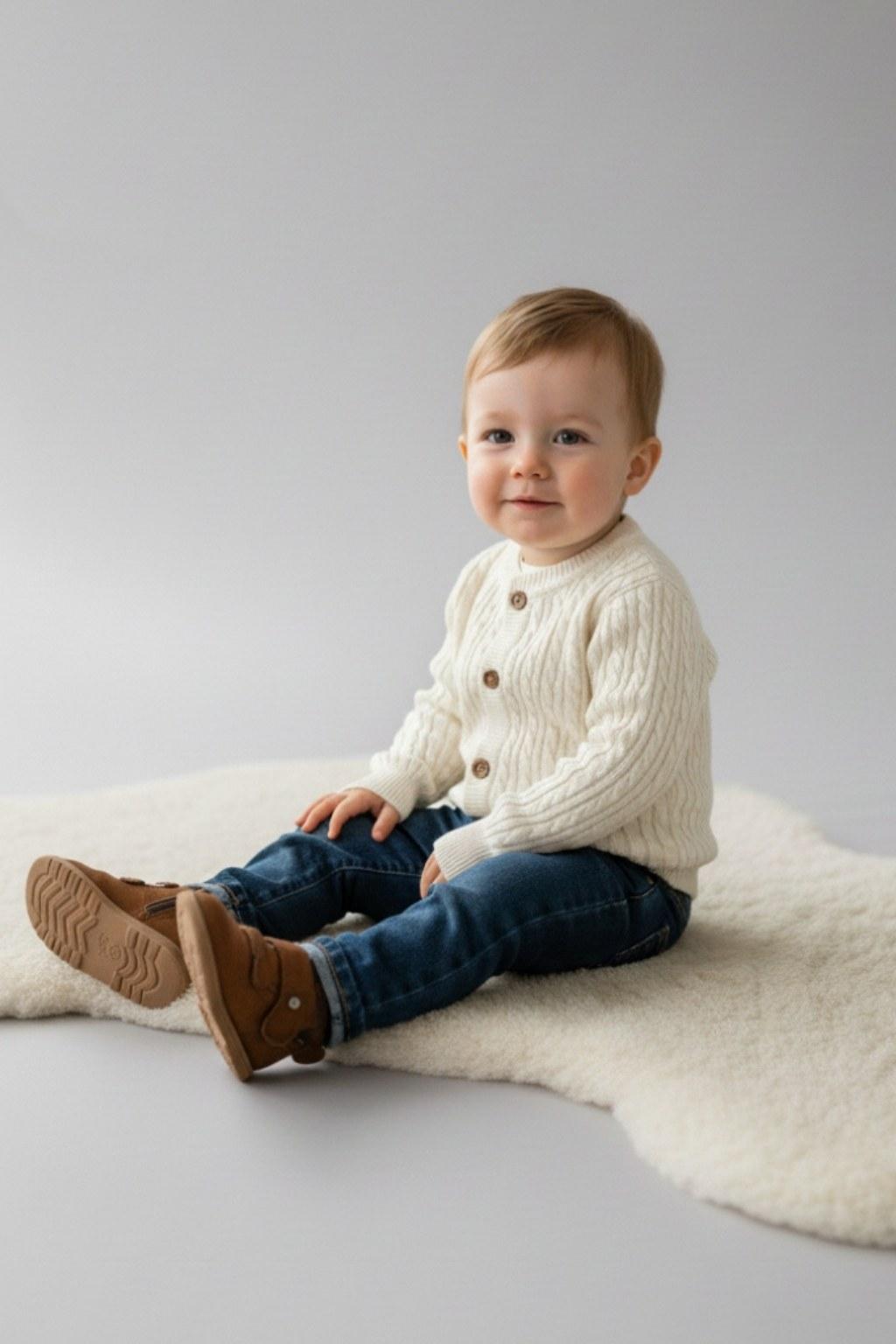 Bebek Triko Düğmeli Hırka – Ekru | 6-24 Ay