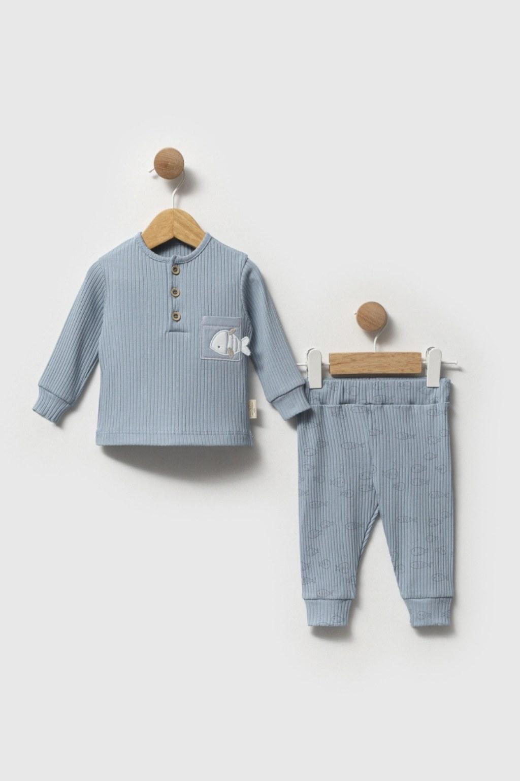 Balık Nakışlı Fitilli Bebek Takımı Mavi – Üst & Pantolon | 0-12 Ay