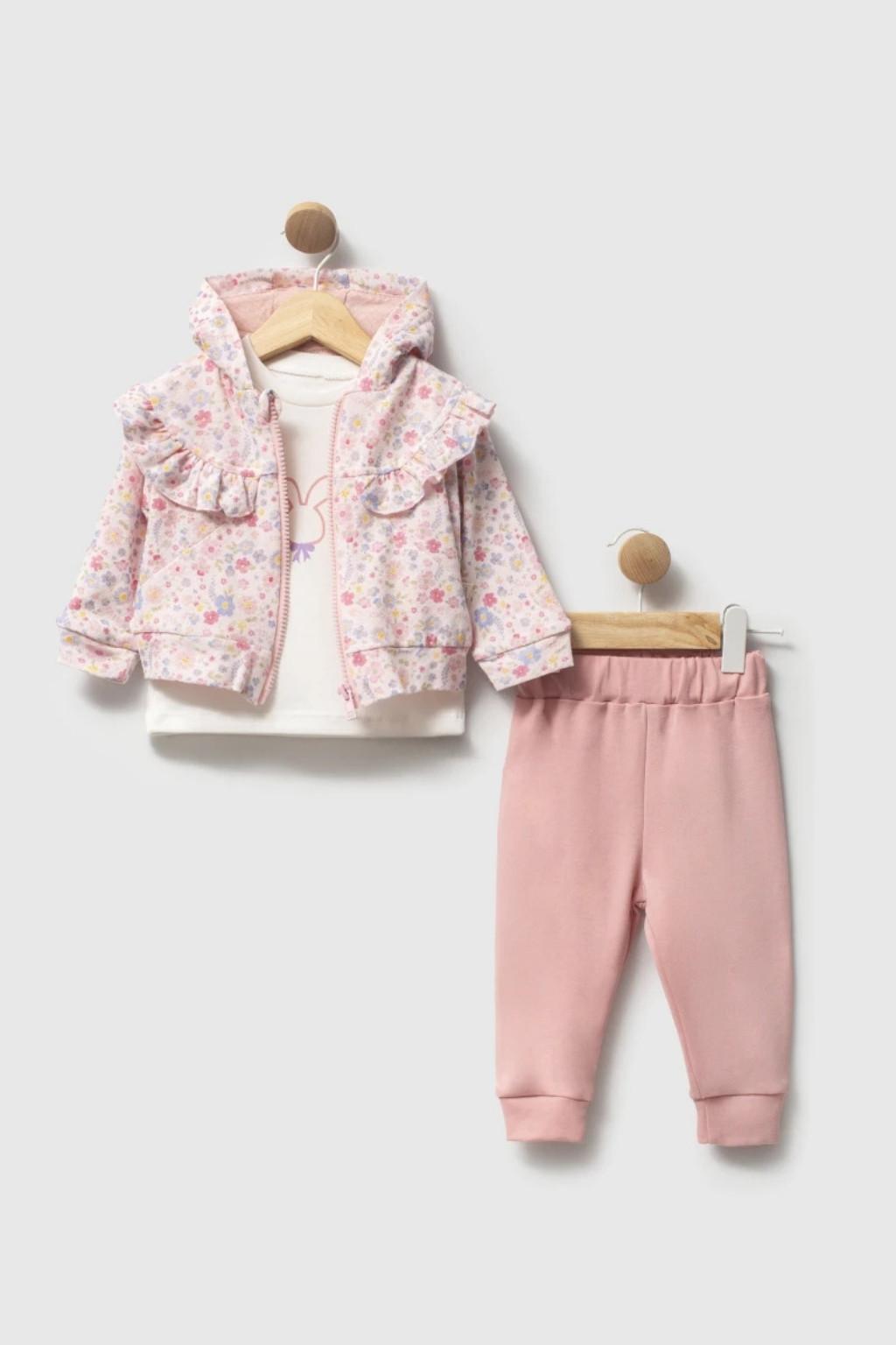 0-12 Ay Çiçek Desenli 3’lü Kız Bebek Takımı | Kapüşonlu Hırka Seti