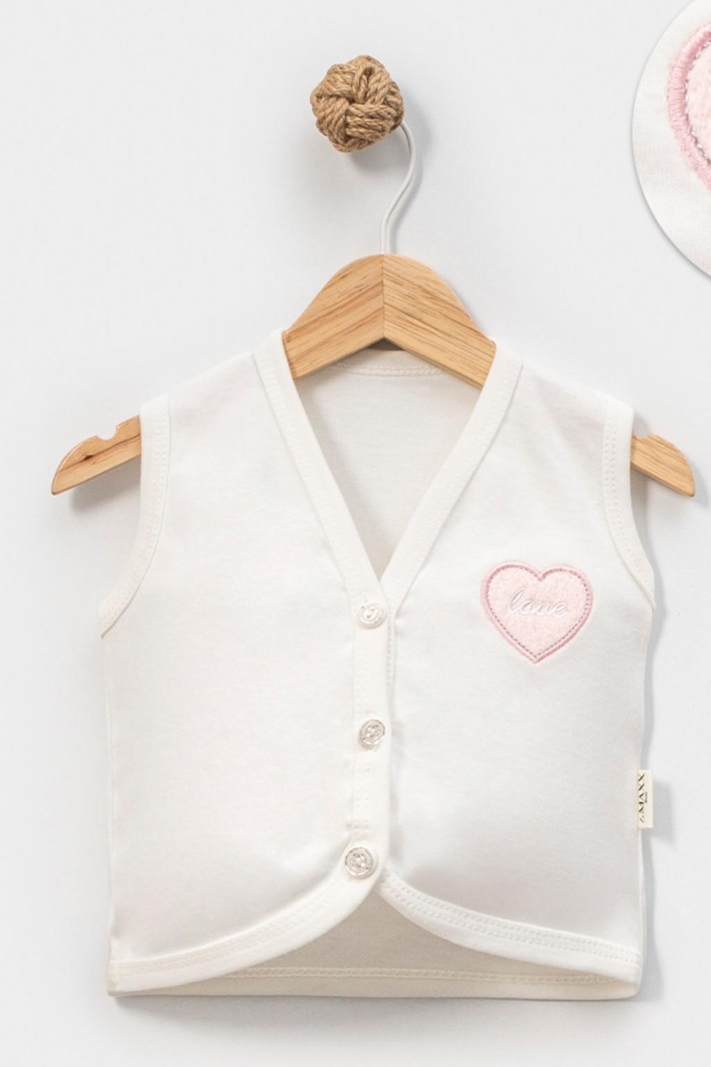 6-24 Ay Kalp Nakışlı Bebek Yelek | Ekru Düğmeli Hırka