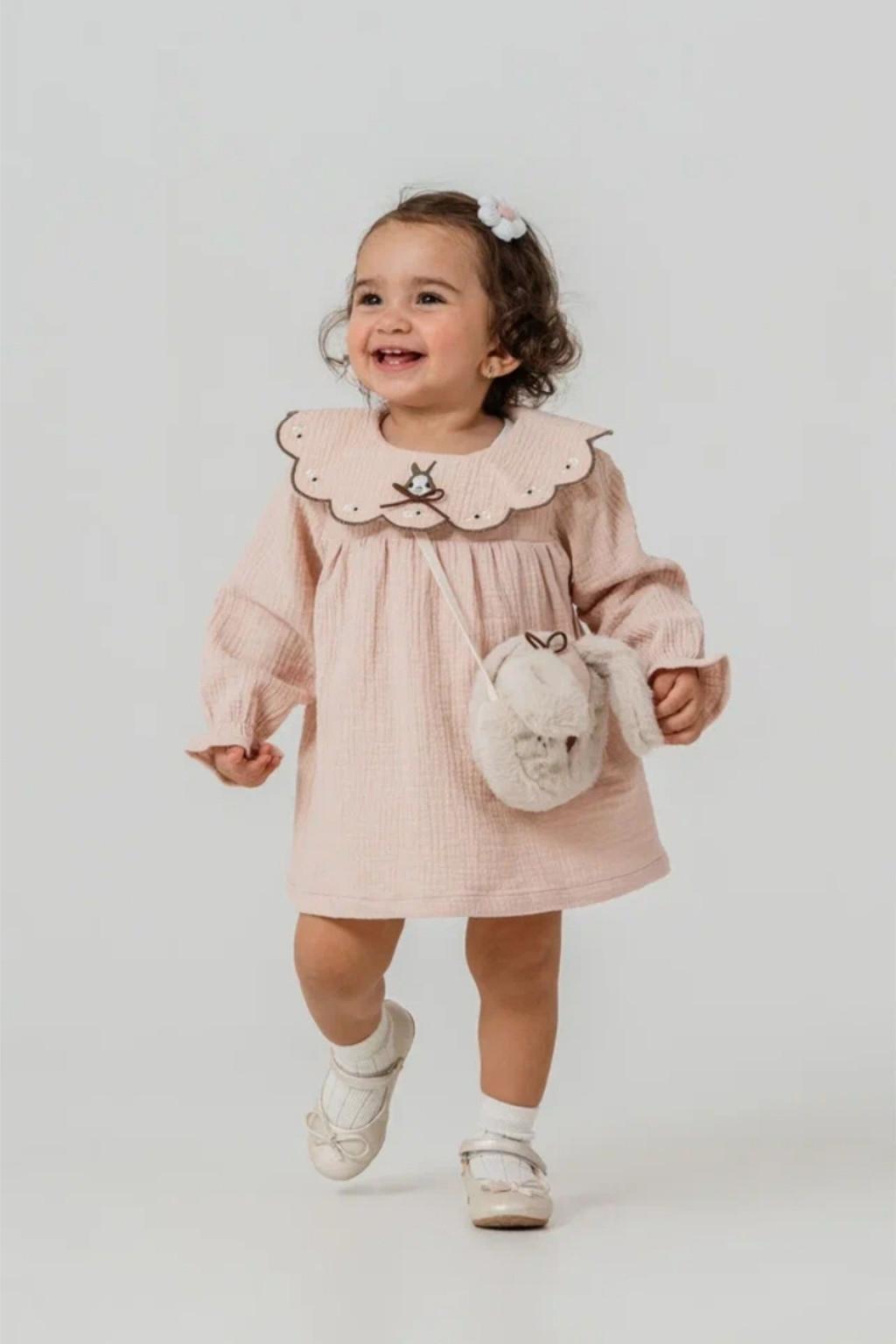 1-4 Yaş Pudra Yakalı Kız Çocuk Elbise | Uzun Kollu Şık Model