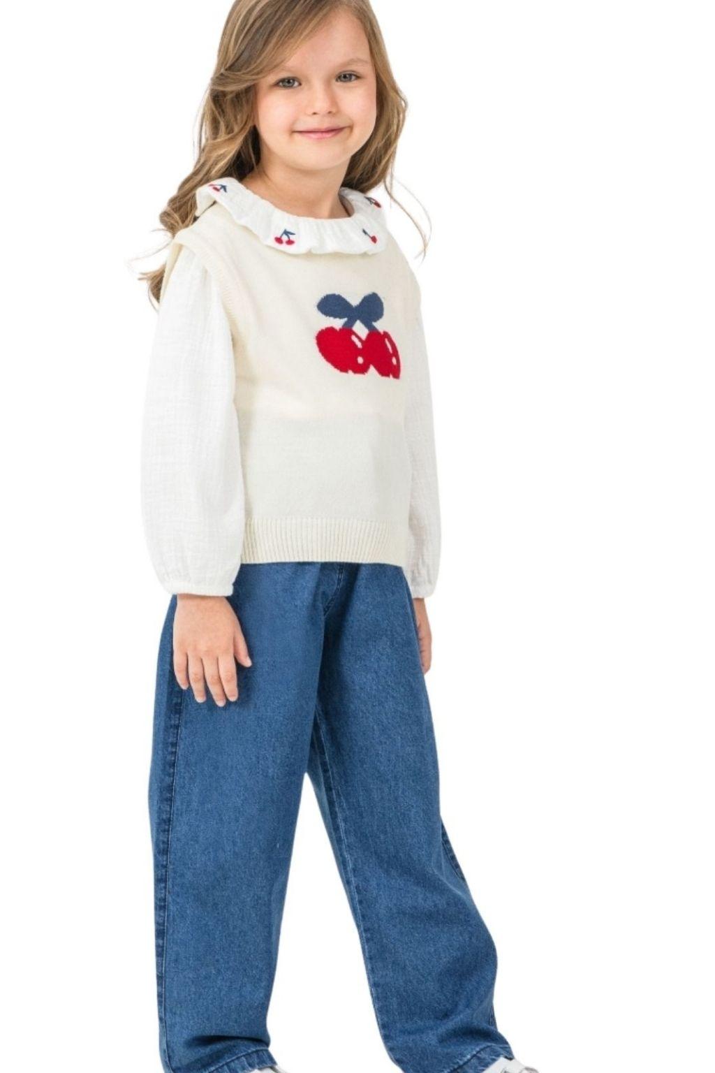 Kız Çocuk 3’lü Takım Kiraz Desenli Triko Yelekli 3-7 Yaş