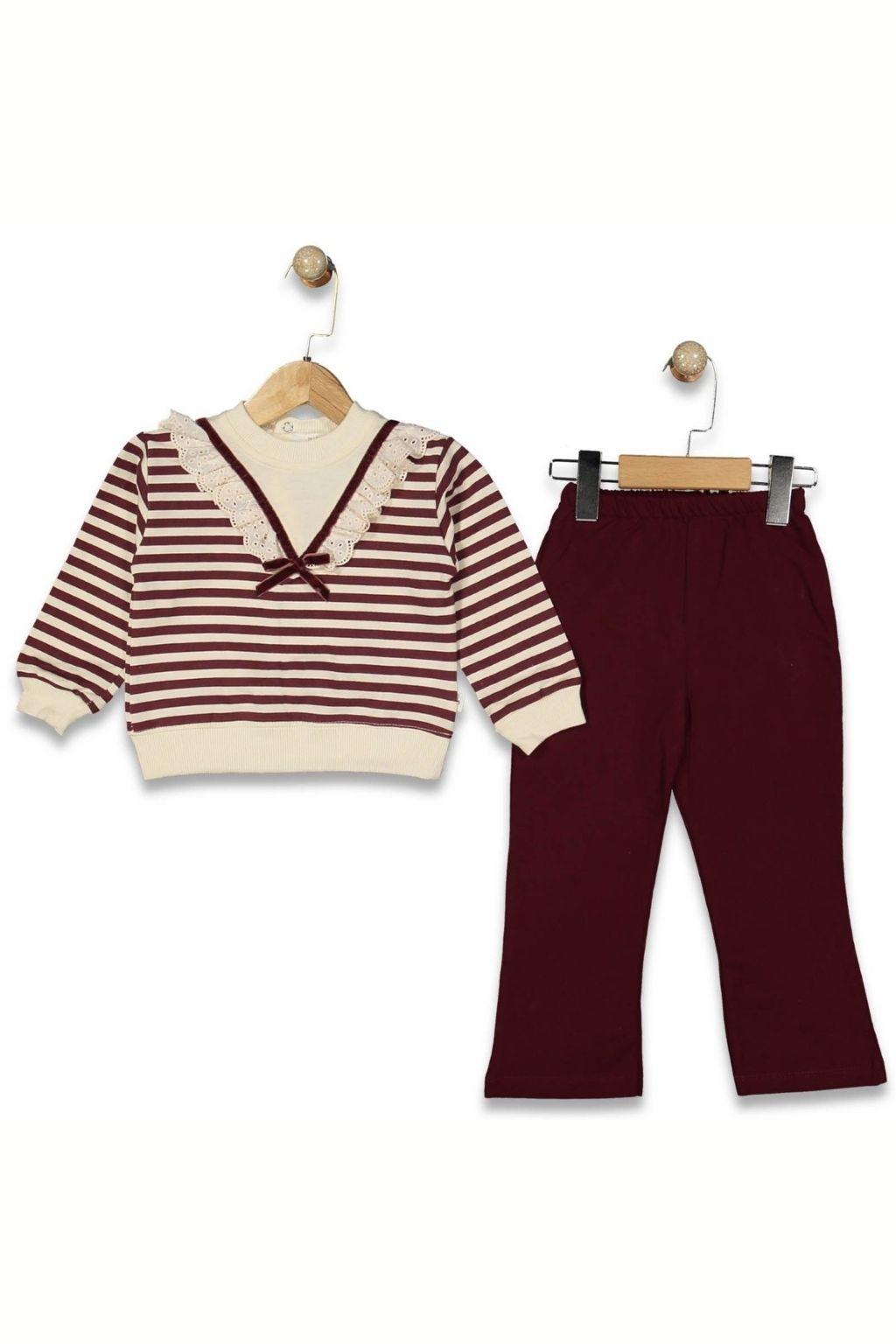 Kız Çocuk Çizgili Bordo 2’li Takım 2-5 Yaş | Dantel Detaylı