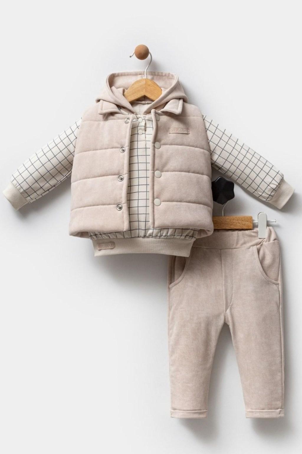 6-18 Ay Erkek Bebek Yelekli Kapüşonlu 3’lü Takım