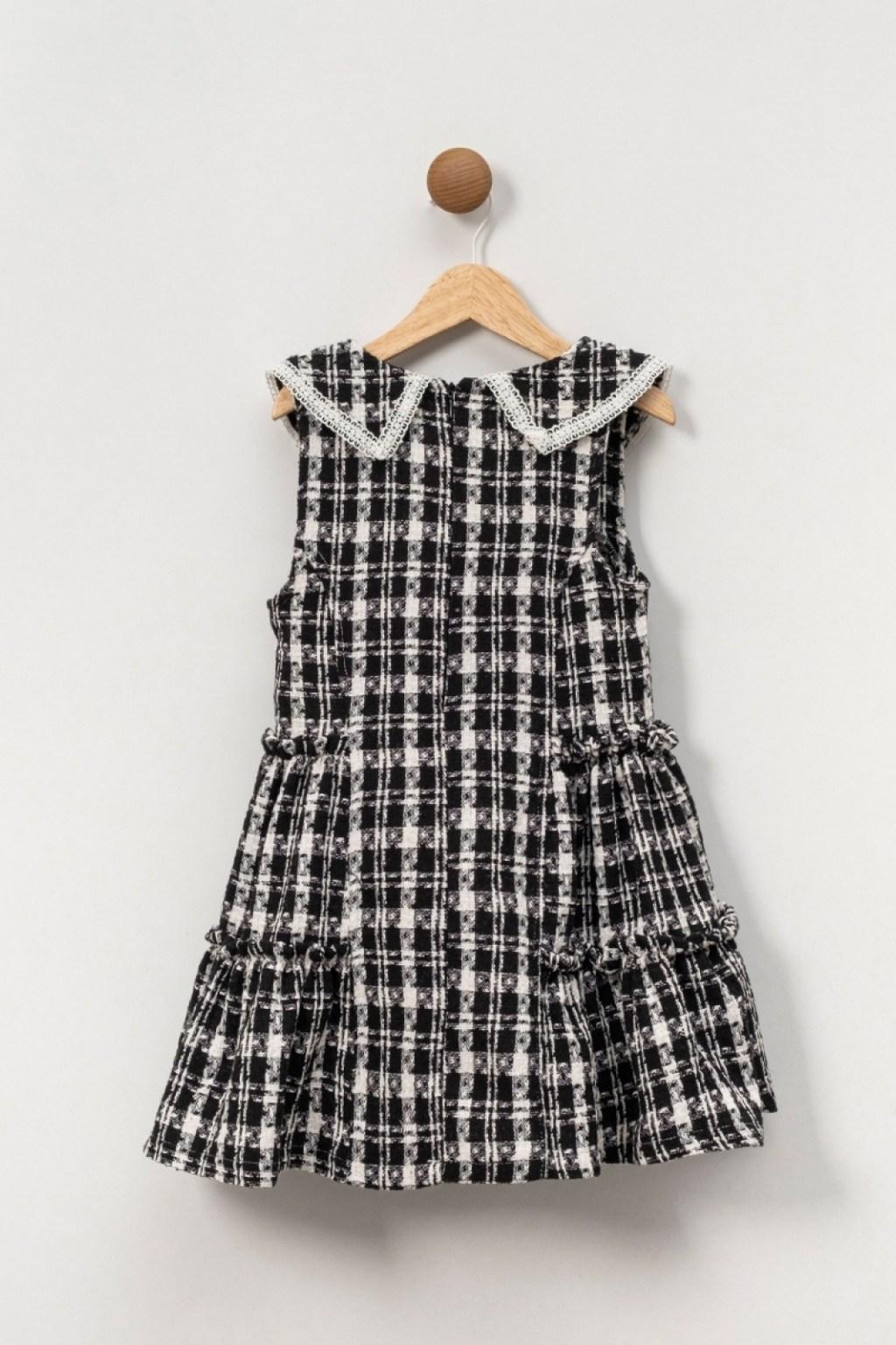 5-8 Yaş Kız Çocuk Ekose Tüvit Elbise (Dantel Yaka, İnci Düğme)