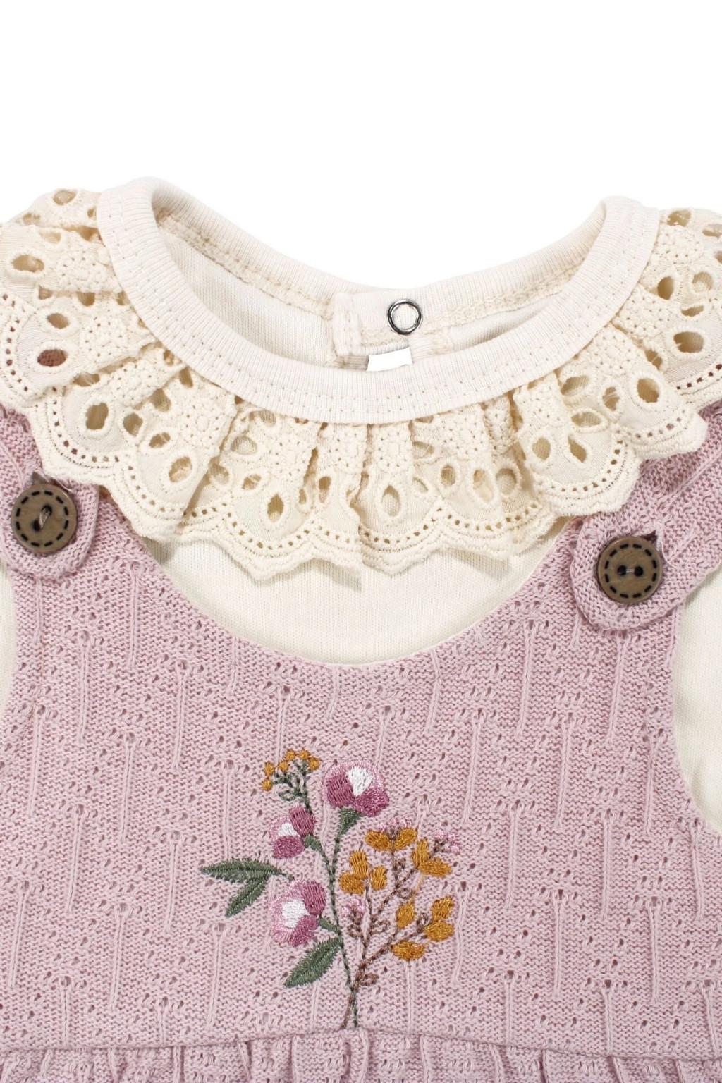 3-18 Ay Dantelli Yaka Nakışlı Salopet Tulum (Uzun Kollu Bluzlu)