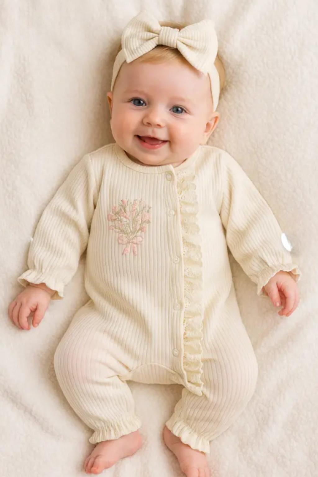 0-12 Ay Bandanalı Dantelli Şeritli Fitilli Tulum (Çiçek Nakışlı)