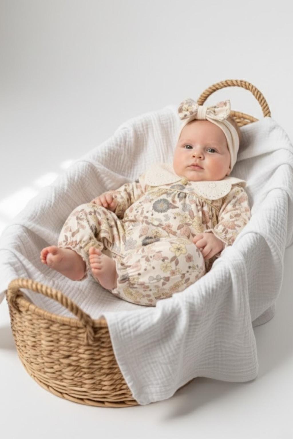 Çiçek Desenli Brode Yakalı Kız Bebek Tulum & Saç Bandı Set 0-9 Ay