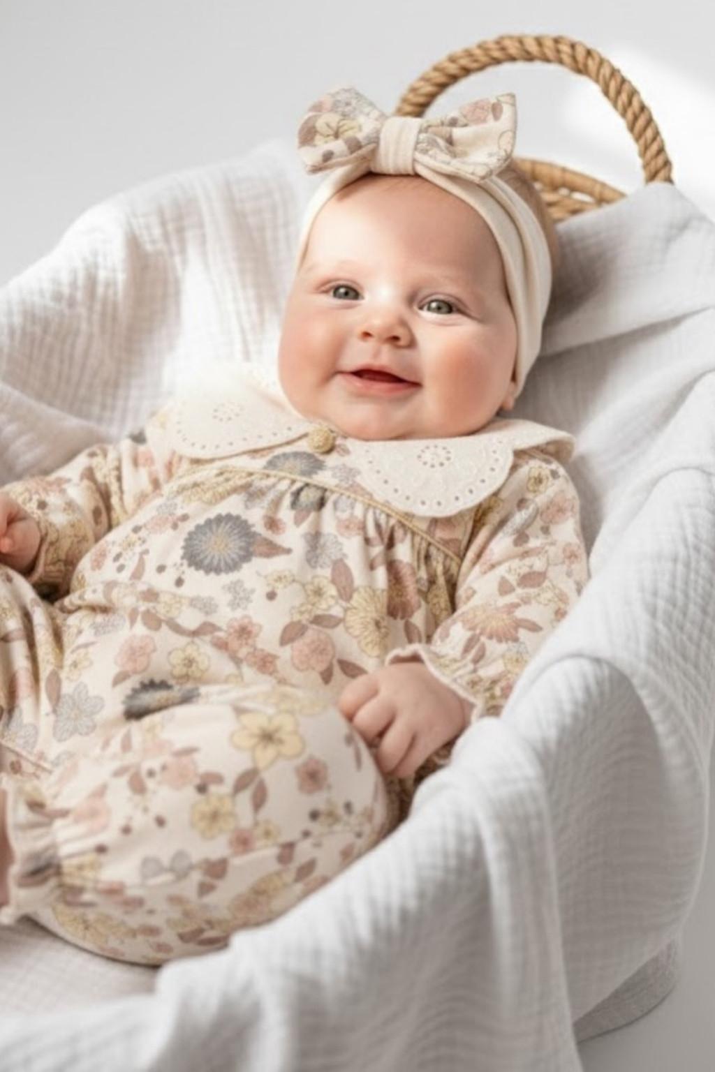 Çiçek Desenli Brode Yakalı Kız Bebek Tulum & Saç Bandı Set 0-9 Ay