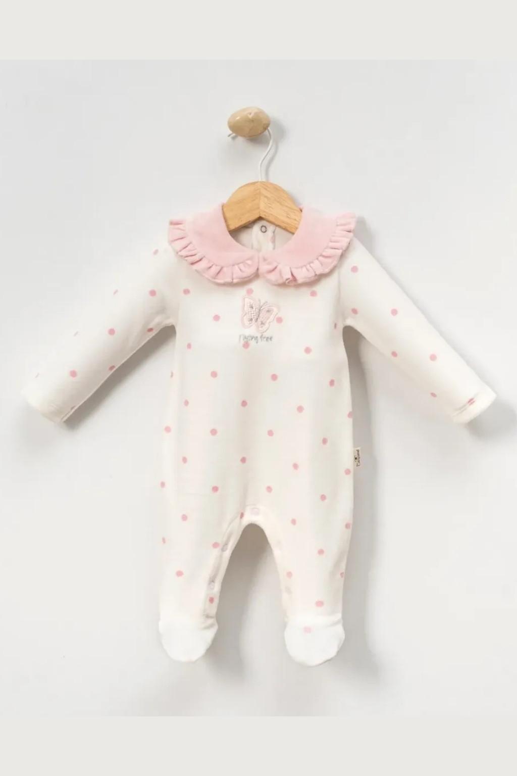 Pembe Puantiyeli Dantel Yakalı Ayaklı Kız Bebek Tulum 0-9 Ay