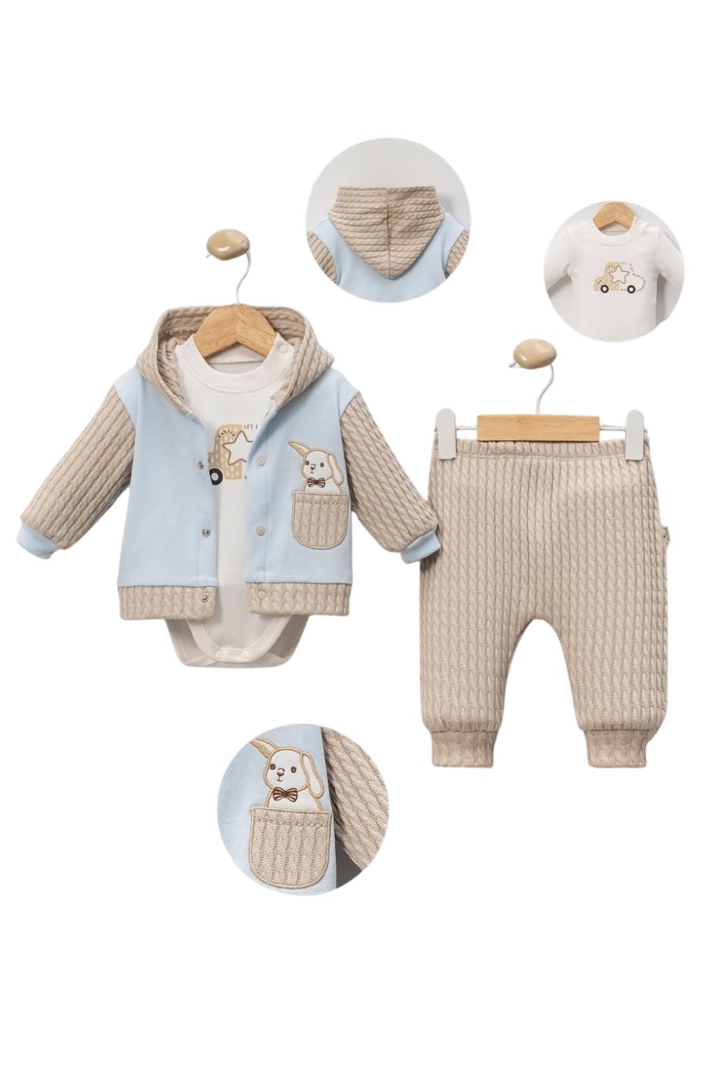 Kapüşonlu Üçlü Bebek Takım Hırka Body Pantolon