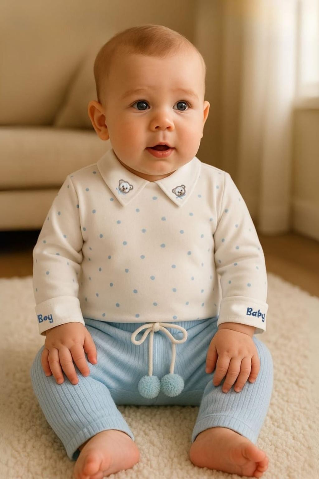 Yakalı Erkek Bebek Takım 3-12 Ay Puantiyeli Üst Mavi Pantolon