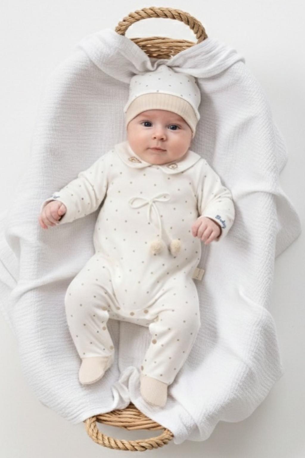 Puantiyeli Yakalı Bebek Tulum ve Şapka Set