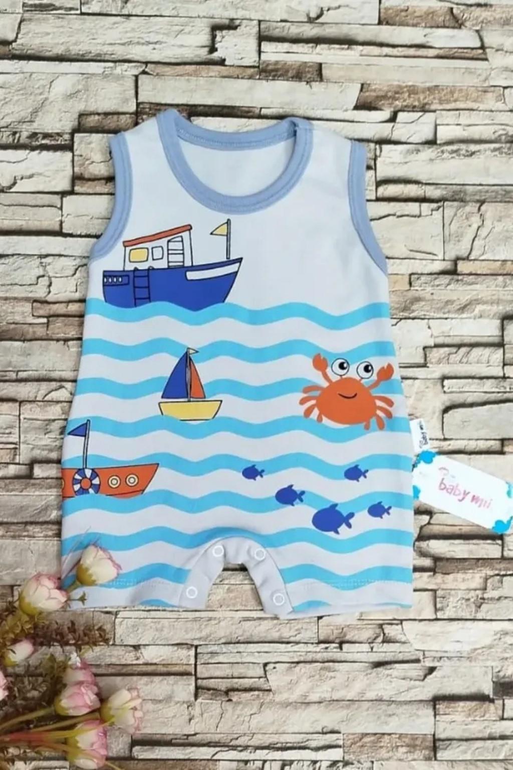 Erkek Bebek Deniz Temalı Kolsuz Tulum 0-9 Ay