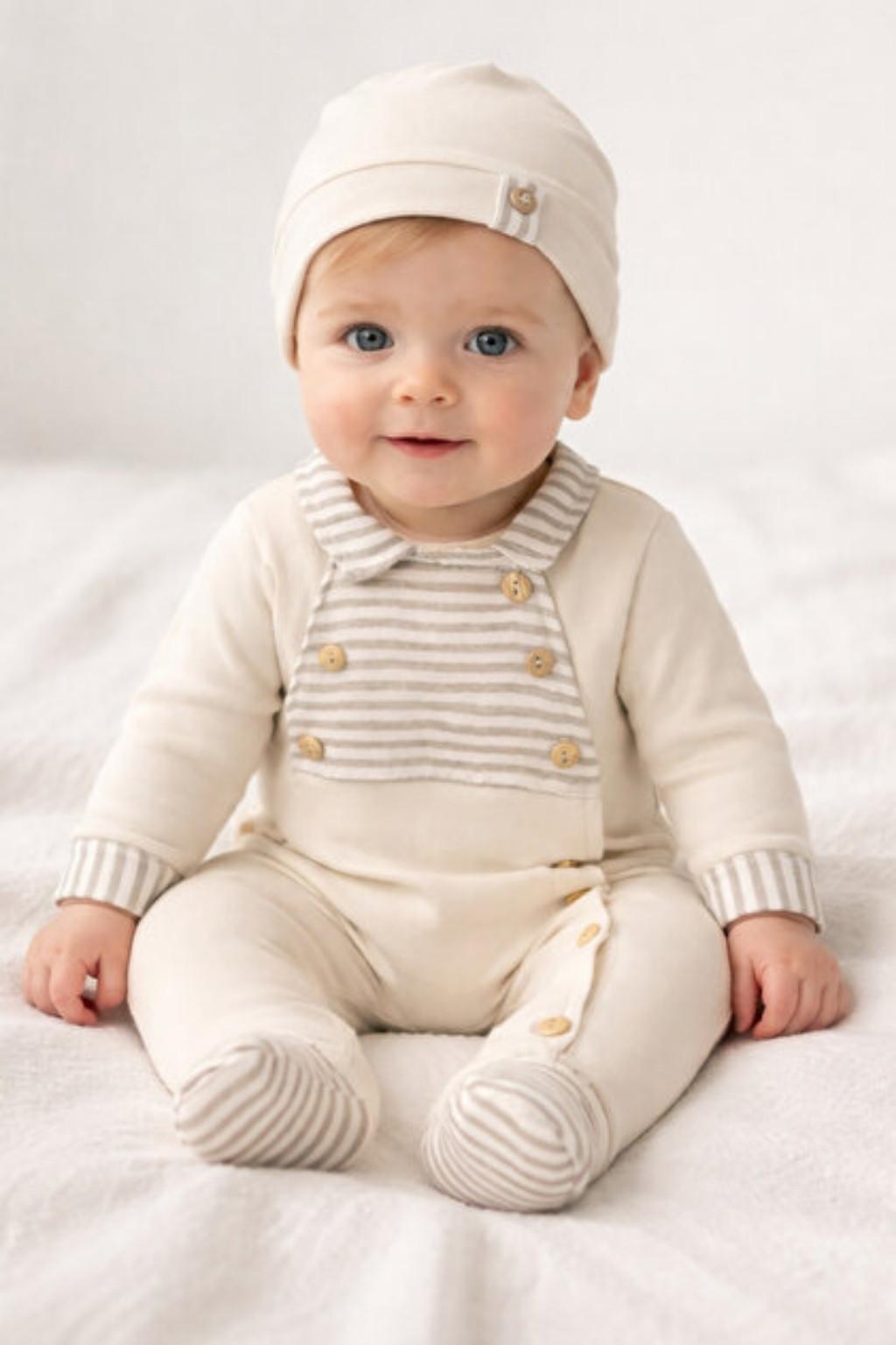 Erkek Bebek Şapkalı Çizgi Detaylı Tulum 0-3 Ay