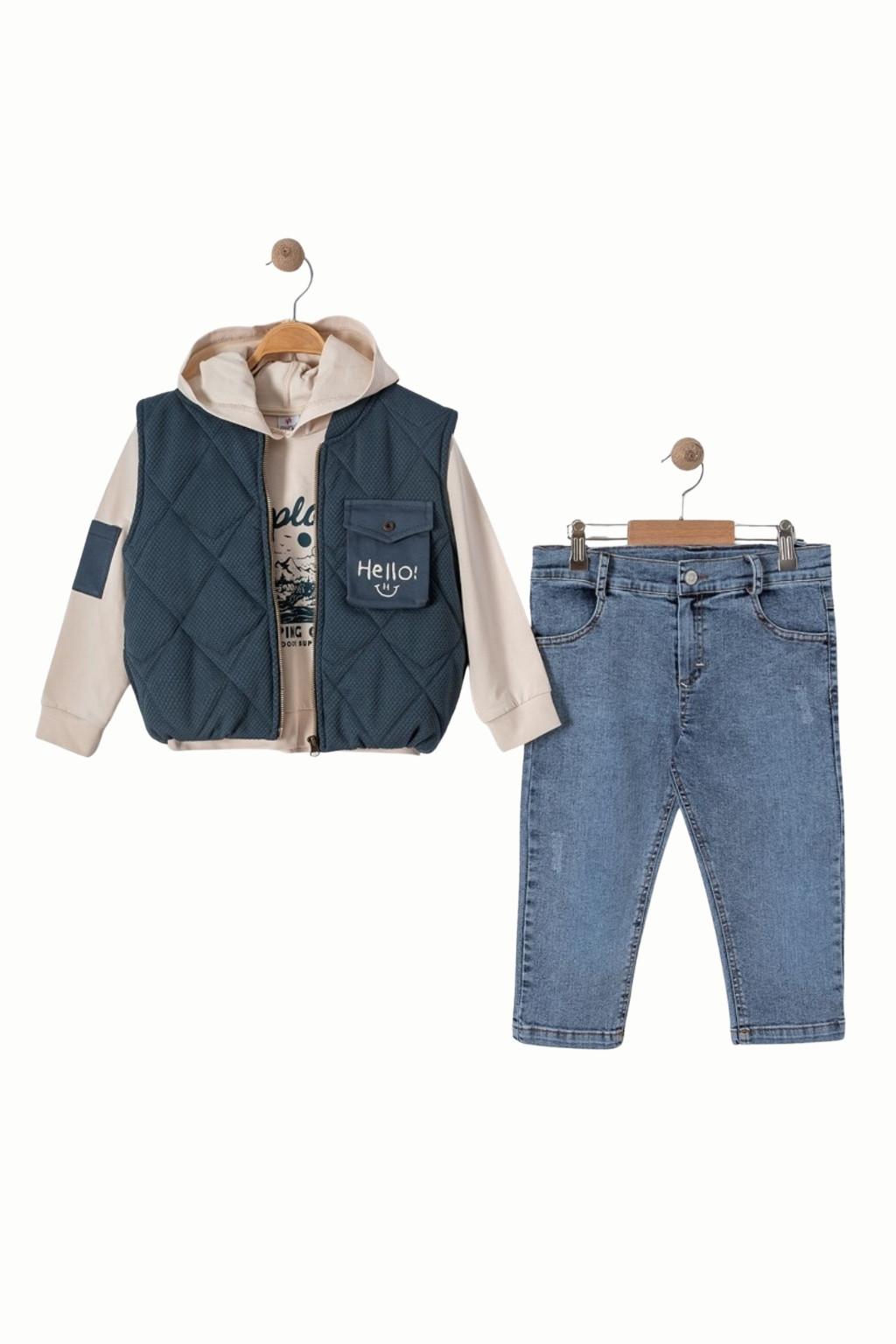 3-6 Yaş Erkek Çocuk Kapüşonlu Sweat, Yelek ve Kot Pantolon 3’lü Takım