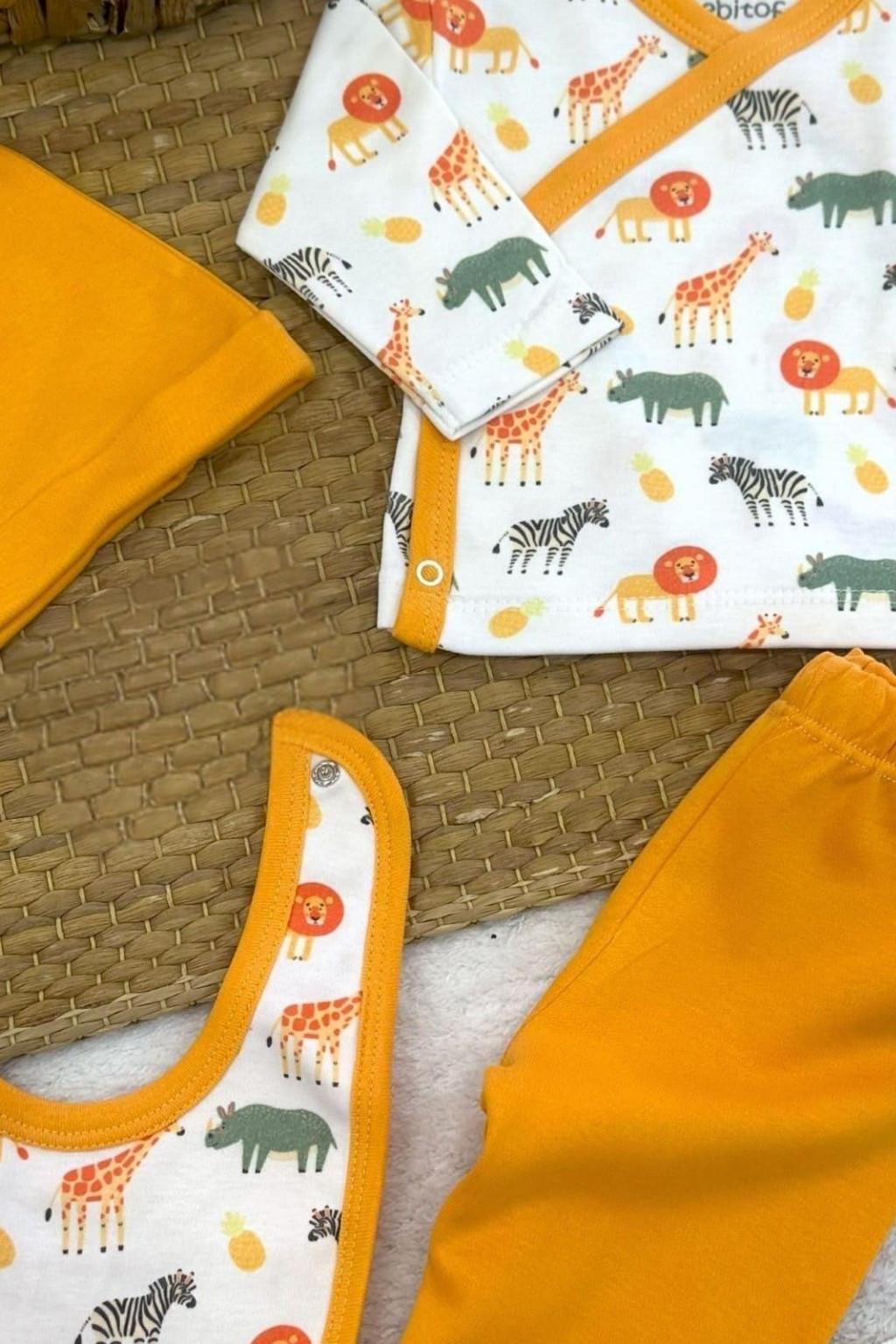 Safari Desenli 5’li Hastane Çıkışı Seti (Şapka, Önlük, Üst, Pantolon, Eldiven)