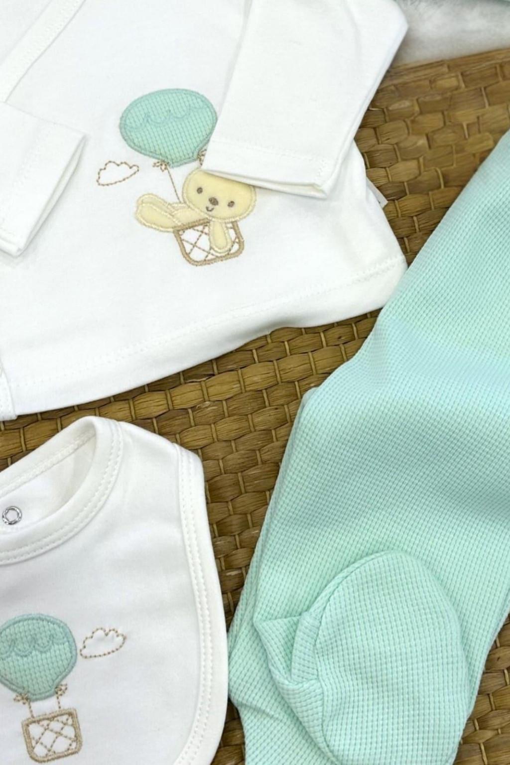 Mint Balon Nakışlı 5’li Hastane Çıkışı Seti (Şapka, Önlük, Üst, Pantolon, Eldiven)