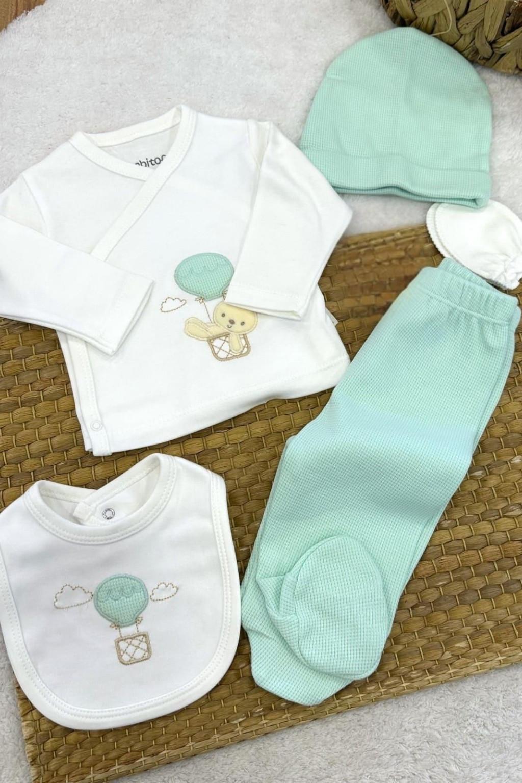 Mint Balon Nakışlı 5’li Hastane Çıkışı Seti (Şapka, Önlük, Üst, Pantolon, Eldiven)