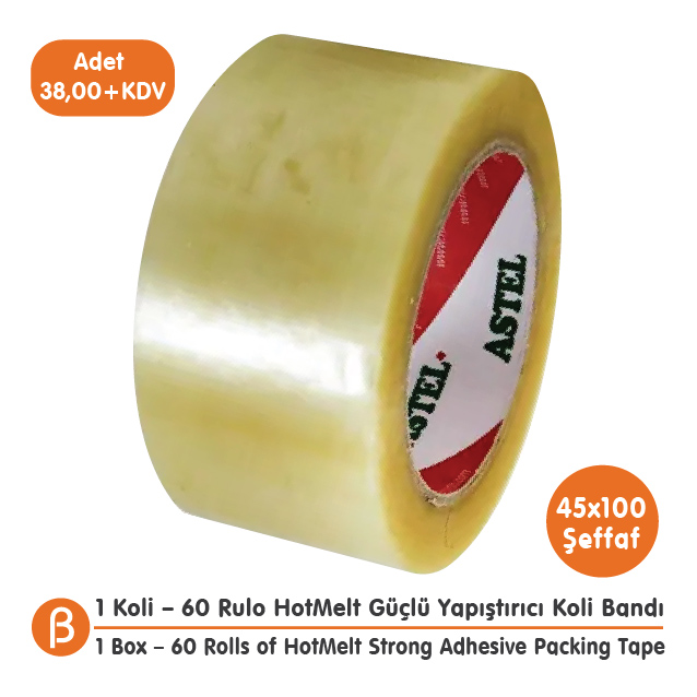 Astel 1 KOLİ (60 ADET) 45x100 Şeffaf HotMelt Koli Bandı