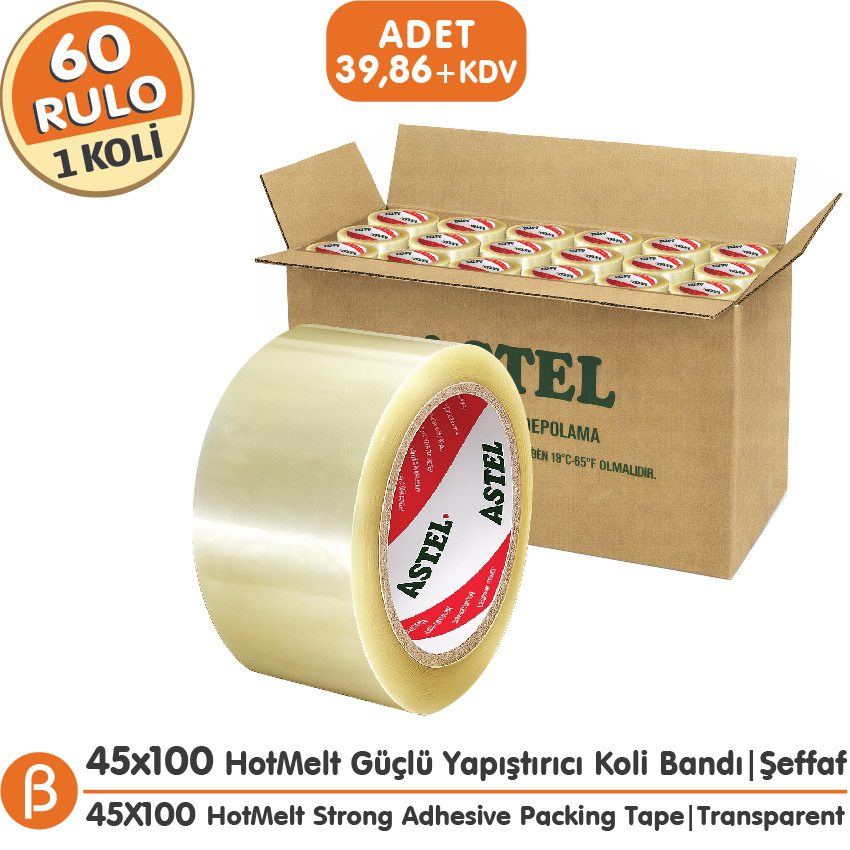 Astel 1 KOLİ (60 ADET) 45x100 Şeffaf HotMelt Koli Bandı