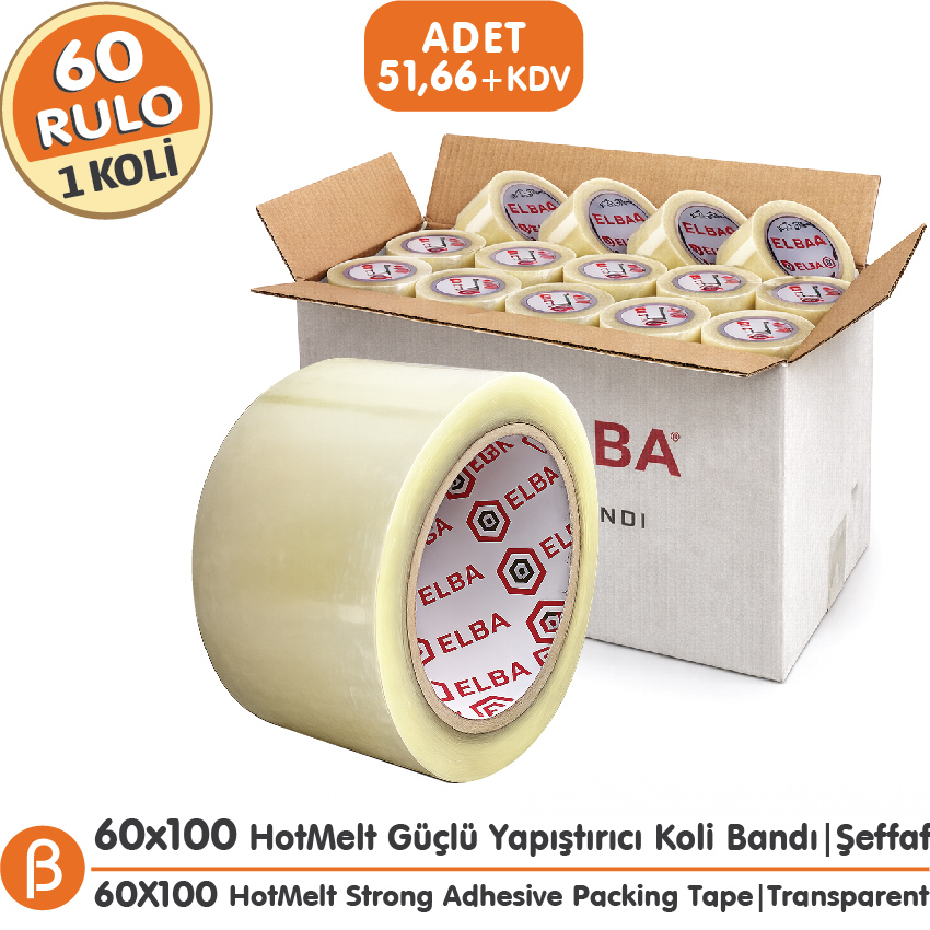 Elba 1 KOLİ (60 ADET) 60x100 Şeffaf HotMelt Koli Bandı