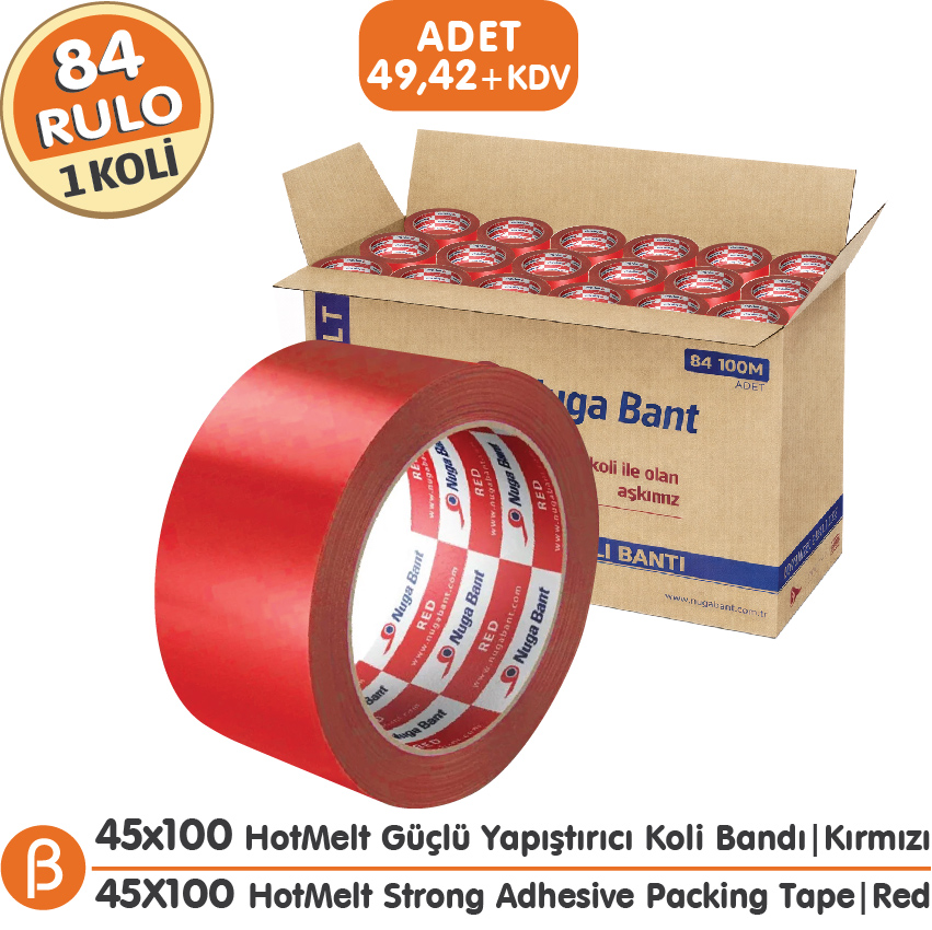 Nuga 1 KOLİ (84 ADET) 45x100 Kırmızı HotMelt Koli Bandı