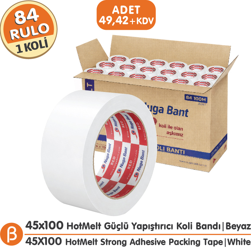 Nuga 1 KOLİ (84 ADET) 45x100 Beyaz HotMelt Koli Bandı