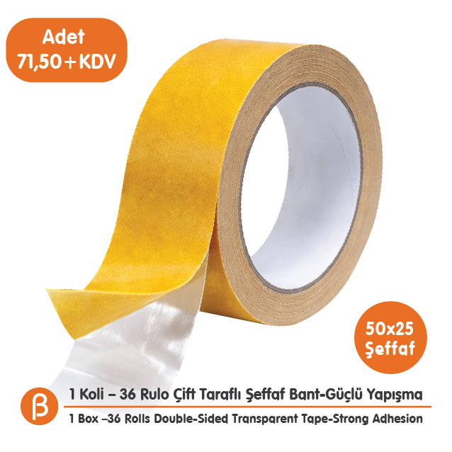 BantPazar Çift Taraflı Şeffaf Bant 1 KOLİ TOPTAN 50x25 (36 ADET)