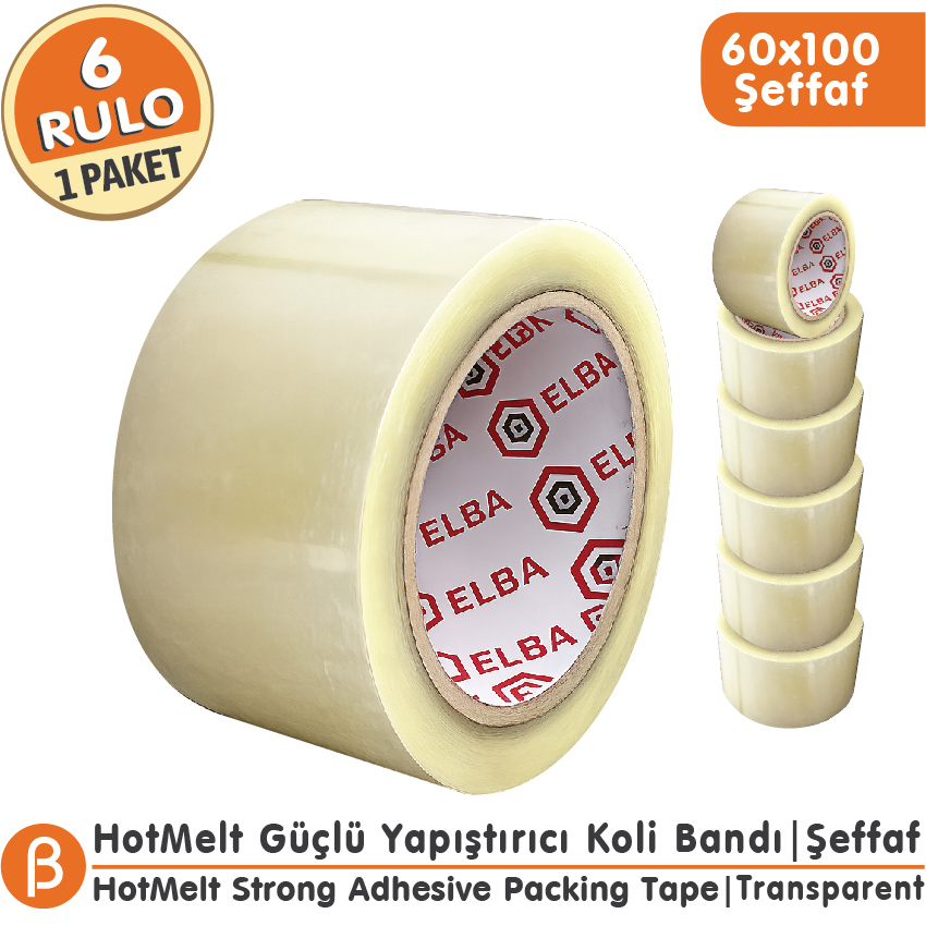 Elba 60x100 Şeffaf Koli Bandı Hotmelt Güçlü Yapışkan (6 Adet)