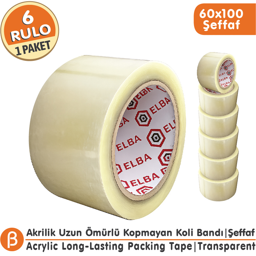 ELBA 60x100 Şeffaf Koli Bandı Hotmelt Güçlü Yapışkan (6 Adet)