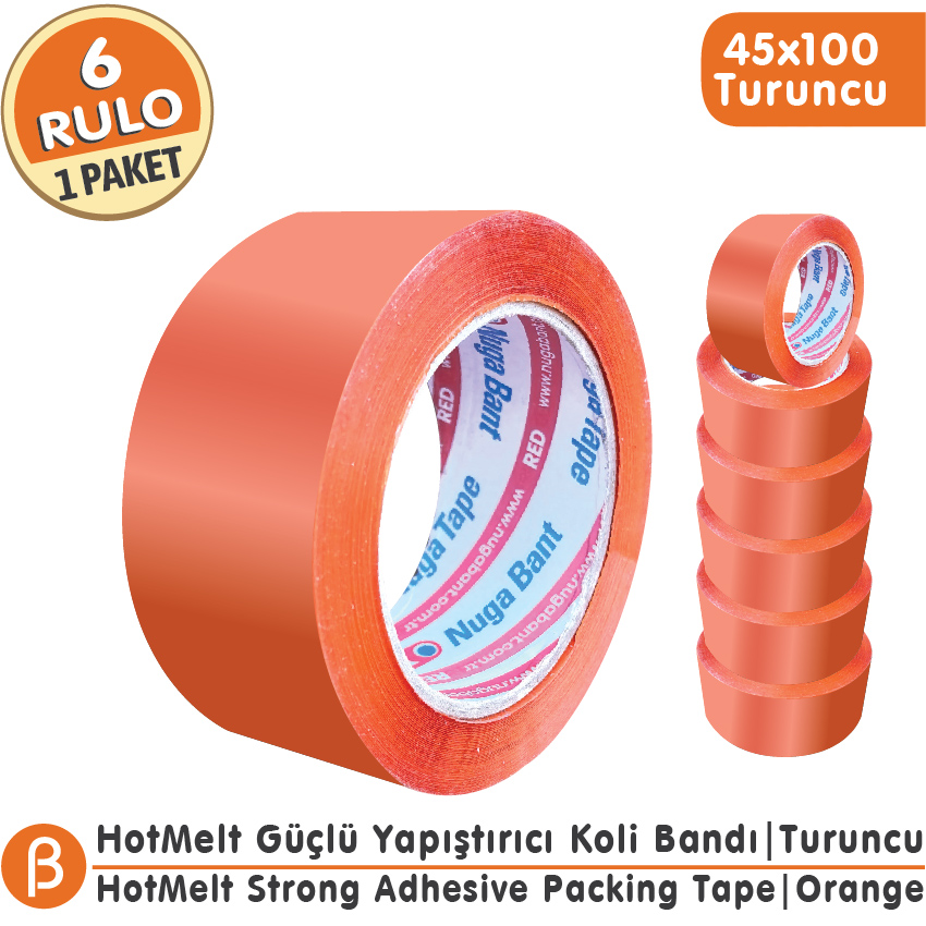 NUGA 45x100 Turuncu Renkli Koli Bandı Hotmelt Güçlü Yapışkan (6 Adet)