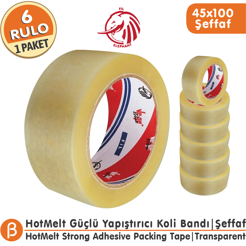 VEGE FİL 45x100 Şeffaf Koli Bandı Güçlü Yapışkan (6 Adet)