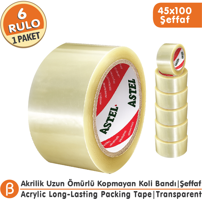 ASTEL 45x100 Şeffaf Koli Bandı Hotmelt Güçlü Yapışkan (6 Adet)