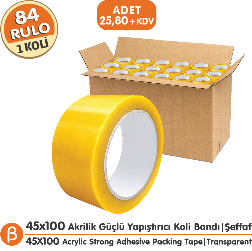 BANTPAZAR 1 KOLİ (84 ADET) 45x100 Şeffaf Koli Bandı Akrilik Güçlü Yapışkan - Ekonomik