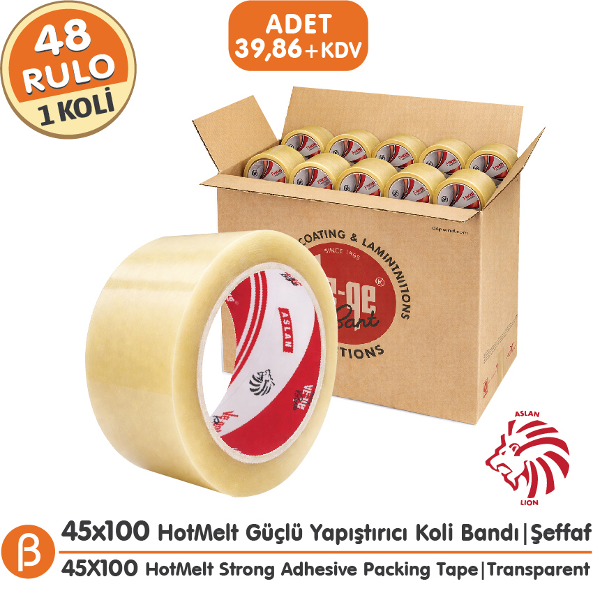 Ve-Ge ASLAN 45x100 Şeffaf Koli Bandı (1 Koli –48 Adet) Toptan HotMelt Güçlü Yapışkan