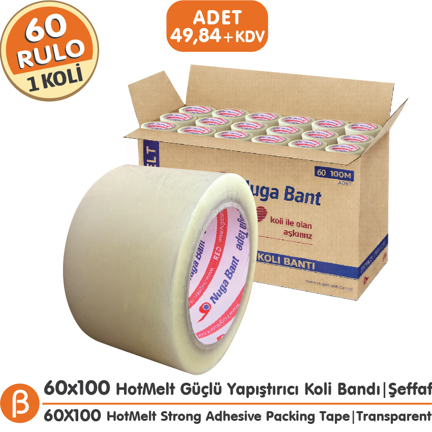 Nuga 1 KOLİ (60 ADET) 60x100 Şeffaf HotMelt Koli Bandı