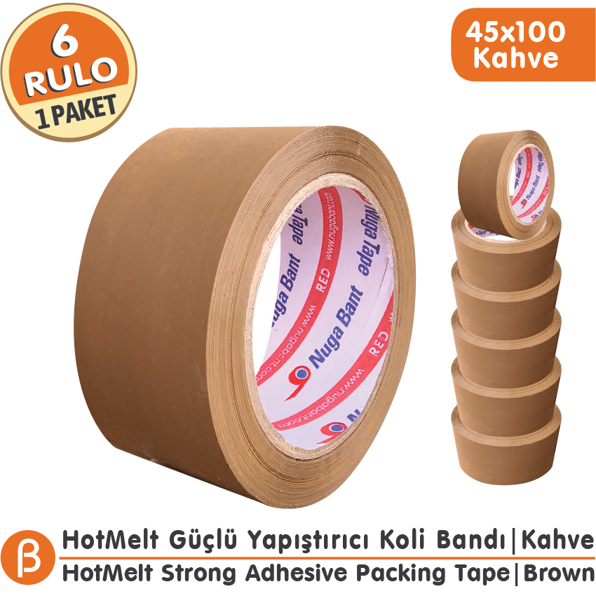 NUGA 45x100 Taba (Kahverengi) Koli Bandı Hotmelt Güçlü Yapışkan (6 Adet)