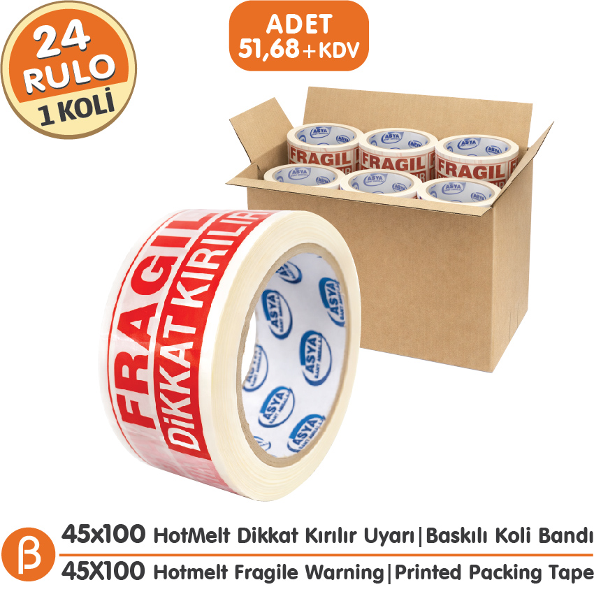 45x100 Dikkat Kırılır Koli Bandı, Hotmelt Paketleme Uyarı Bandı | 1 Koli-24 Adet