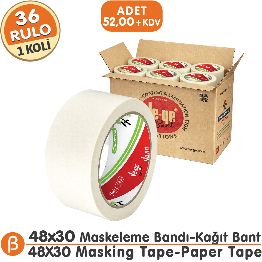 Ve-Ge 48x30 Maskeleme Bandı (1 Koli – 36 Adet) Toptan Maskeleme (Boya Koruma - Badana) Bandı-Beyaz