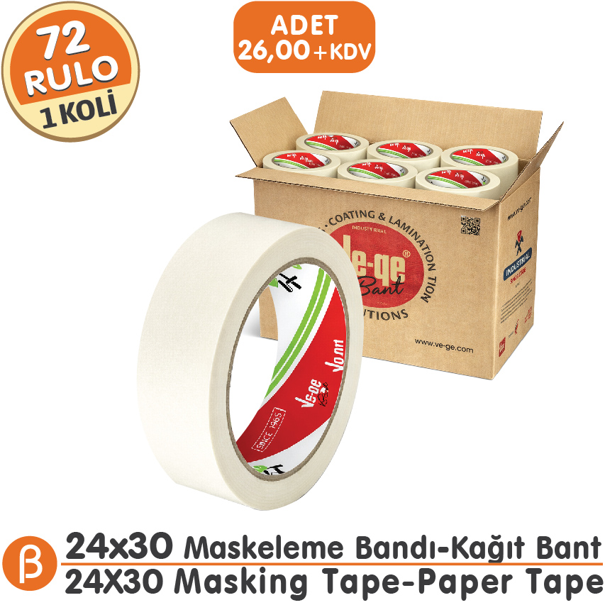 Ve-Ge 24x30 Maskeleme Bandı (1 Koli – 72 Adet) Toptan Maskeleme (Boya Koruma - Badana) Bandı-Beyaz