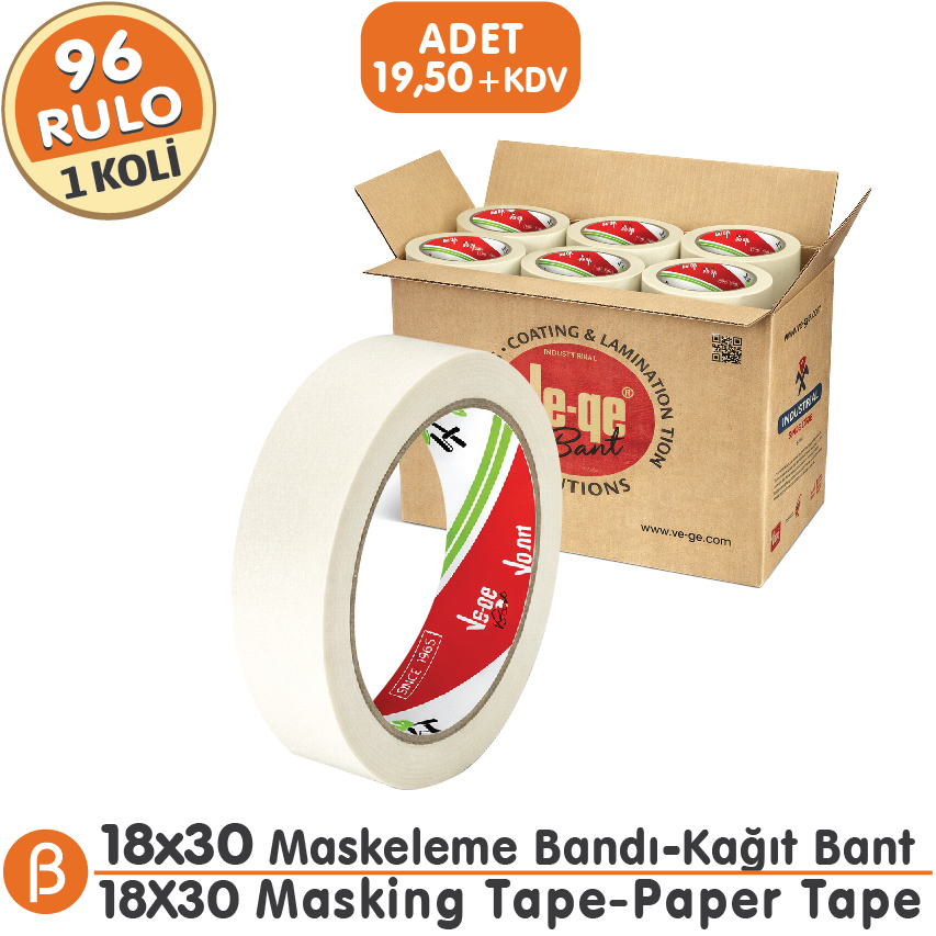 Ve-Ge 18x30 Maskeleme Bandı (1 Koli – 96 Adet) Toptan Maskeleme (Boya Koruma - Badana) Bandı-Beyaz
